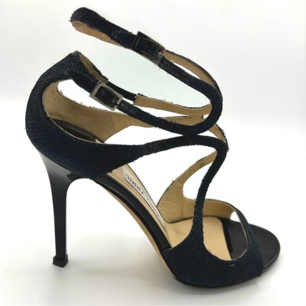 Jimmy Choo Lang Heel Strappy Open Toe Glitter Sandal Pump Navy Black 38